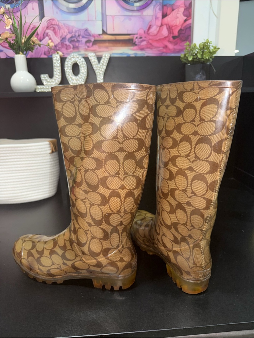 Coach Brown Signature Pattern Waterproof Tall Boots